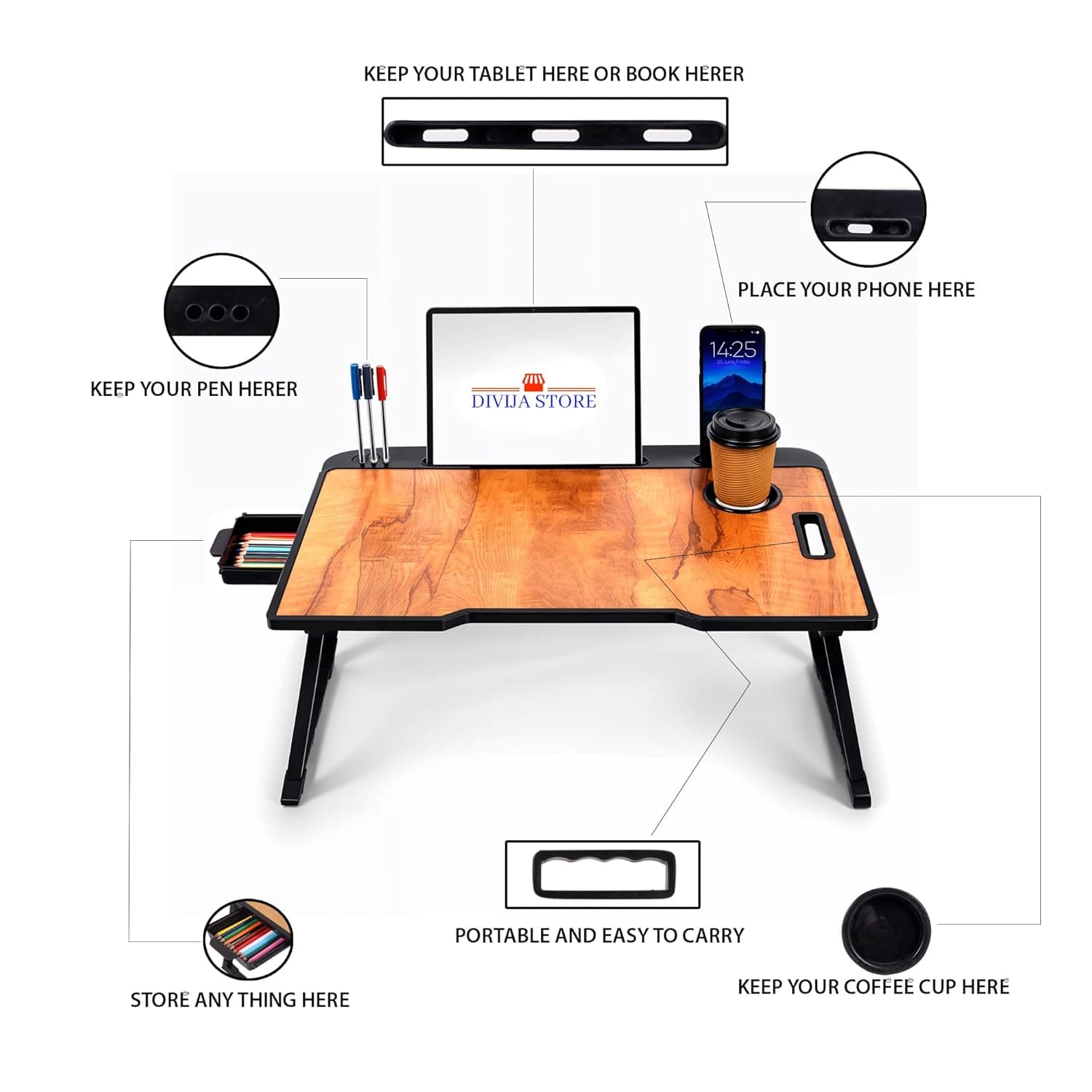 Divija Store Foldable Wooden Laptop Bed Desk & Study Table